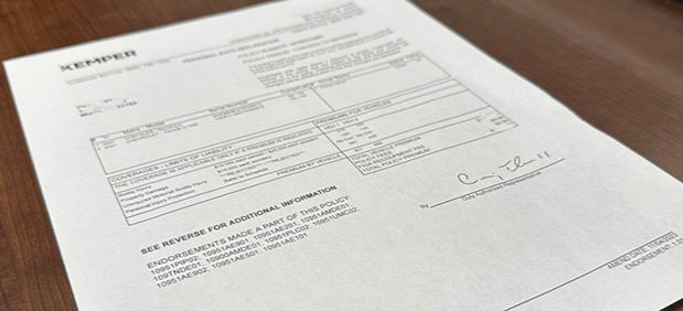 Photo of a sample declarations page for a Kemper policy holder