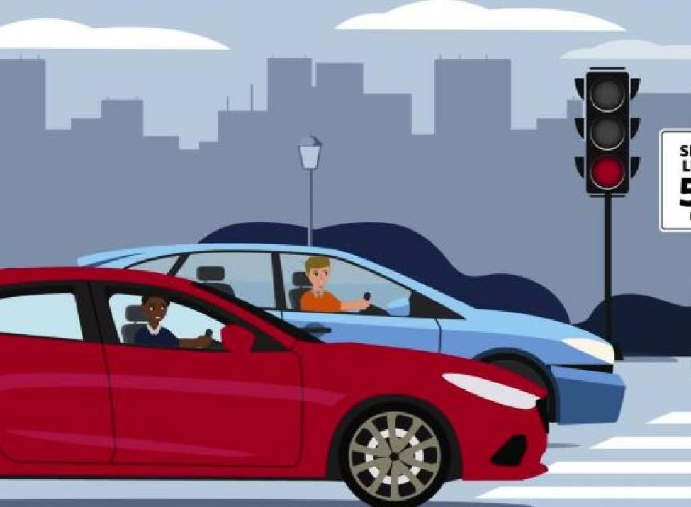 Ilustración que muestra un auto rojo y un auto azul  parados en un semáforo.